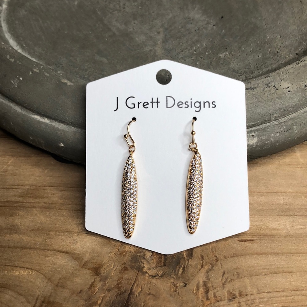 Long oval dangle earrings/ gold and crystals